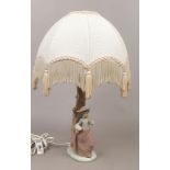 A Nao porcelain figural table lamp, formed as a young girl carrying a basket of flowers with cream