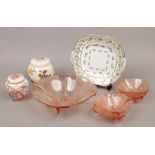 A collection of ceramics and glassware to include Masons ginger jars, coloured glass bowls etc.