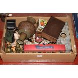 A box of collectables including copper printing blocks, Victorian Fairing, galvanized heater tank,
