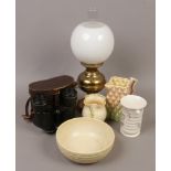 A quantity of collectables including a brass based oil lamp, a cased pair of Prinz Prinzlux 10 x