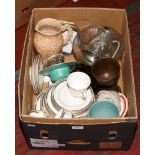 A box of miscellaneous to include Royal Doulton Forsyth teawares, Arthur Wood, Masonic pewter