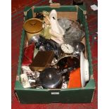 A box of miscellaneous to include Schatz Torsion clock, Wedgwood, T G Green storage jar, Masons