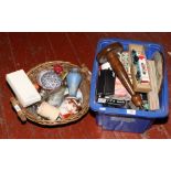 A box and basket of miscellaneous to include Mont Blanc inkwells, Coalport miniature ceramics,
