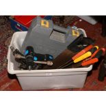 A box of tools to include car scissor jack, wheel brace, Ryobi 220 volt hammer drill, battery