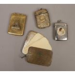 A small group of collectables to include dance card holder, two vesta cases and a stamp holder.