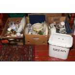 Three boxes of miscellaneous to include enamel bread bin, blue and white ceramics, Royal Doulton