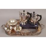 A Viners Alpha plate teaset on serving tray, along with other silver plated items.