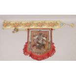 A silk lined Hessian bead work face screen with brass support, along with a similar bell pull.