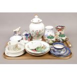 A tray of collectable ceramics including Masons Mandalay, Wedgwood, Clarice Cliff, Spode Brompton,