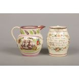 A Napoleonic documentary creamware jug of barrel form. Painted in polychrome enamels with a floral