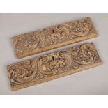 Two 17th century carved oak drawer fronts. With scrollwork cartouches framing inscriptions anno