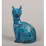 A Bitossi Italian studio pottery stylized model of a seated cat. Turquoise glazed and having incised