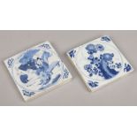 Two Japanese Meiji period blue and white porcelain tiles. One painted in underglaze blue with a