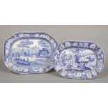 A passion flower border series pearlware blue transfer printed serving dish c.1820 and another