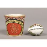 A prattware pottery egg, printed and enamelled with figures in landscapes and inscribed John