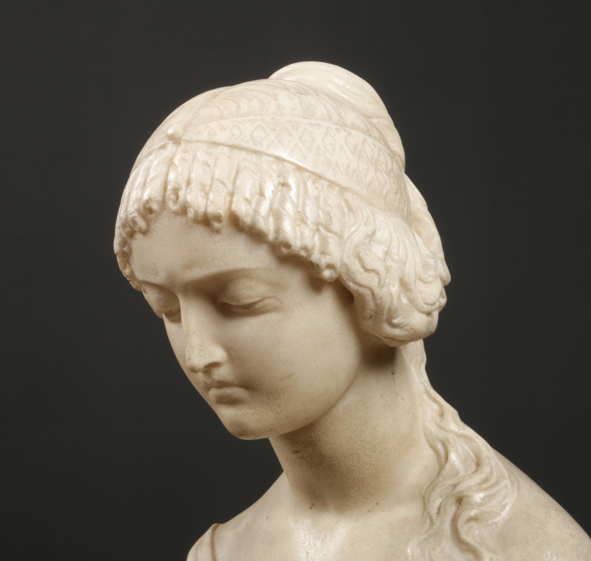 Metello Motelli (Italian fl. 1851-1894) carved marble sculpture. Study of a pensive kneeling - Image 2 of 5