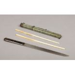 A Chinese eating set in bronze mounted shagreen case with knife and pair of chopsticks, 31cm.