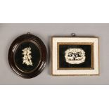 Two 19th century Continental miniature ivory carvings in frames. One depicting a family of deer in a