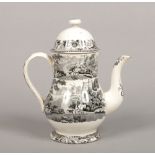 An 18th century pearlware coffee pot and cover. Bat printed with landscapes incorporating a horseman