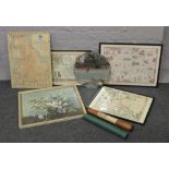 A collection of framed maps, along with RAC plastic coated tin plate map of England, Wales and