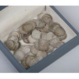 A collection of Edwardian silver 3 penny coins, approximately 75, 102 grams.