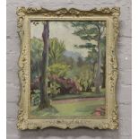 An ornate framed oil on canvas, garden landscape.