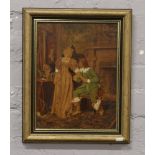 An Edwardian over painted print in parcel gilt frame genre interior.