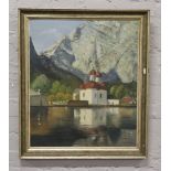 F. M. Smith large gilt framed oil on board, Alpine scene with a turreted building, signed.