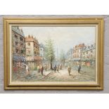 A large gilt framed oil on canvas, Parisian street scene, signed Burnett 59cm x 90cm.