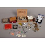 A box of collectables to include white metal trinket box, Millennium silver five pound coin, costume