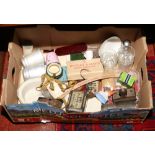 A box of collectables to include vintage tins, coins, map of North Midlands and Yorkshire, shoe horn