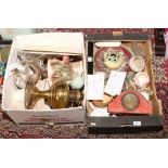 Two boxes of miscellaneous to include brass based oil lamp, pair of table lamps, boxed sock helper