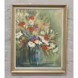 Leonora Lone; gilt framed oil on board still life daisies and poppies, signed.