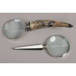 Two desk top magnifying glasses, one with horn handle.