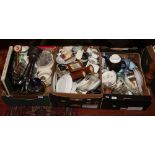 Three boxes of miscellaneous glass, ceramics and metalwares to include 1930s oak biscuit barrel,