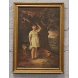 A gilt framed oil on canvas portrait of a girl and cat in a landscape.