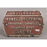 A cast iron builders sign Powell Duftryn engineering Company Limited Cambrian Works Cardiff, 16cm