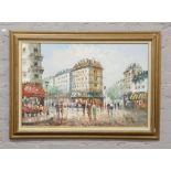 A large gilt framed oil on canvas, Parisian street scene, signed Burnett 59cm x 90cm.