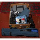 A box of photographic to include Minolta X-300 35mm SLR camera, filters, Cobra flash head, Hakuba