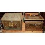 Two brass bound log boxes one decorated with maritime scenes, along with two brass bound magazine