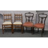 A pair of Edwardian salon chairs with upholstered seats, along with a pair of oak side chairs.