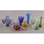 A group of collectable glass including two decanters, coloured flashed goblets, art vase etc.