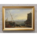 Russian school, a late 20th century gilt framed oil on canvas coastal scene with boats and an