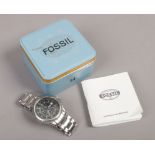 A gentleman's fossil quartz stainless steel chronograph bracelet watch with instruction manual in