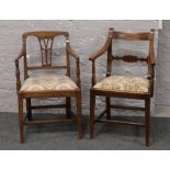 Two Georgian carver armchairs, one with mahogany frame, the other in ash, both with upholstered