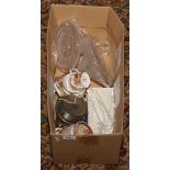 A box of miscellaneous including Crown Derby Old Avesbury, cut glass decanters etc.