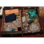 Two boxes of glassware to include vases, decanters, paperweights etc.