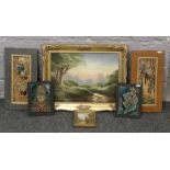 A group of framed pictures including an oil on canvas depicting a river landscape, an oil on board