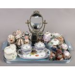 A tray of collectables including porcelain trinket boxes, bonbonnieres, Britain's lead Macgregor