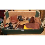 A box of vintage cameras including Kodak, Miranada MS-2 etc.